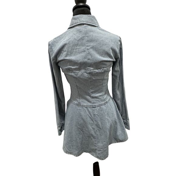 PLT Denim Corset Bustier Mini Dress Size 2 Vintage Wash Long Sleeve Peplum - Picture 7 of 14